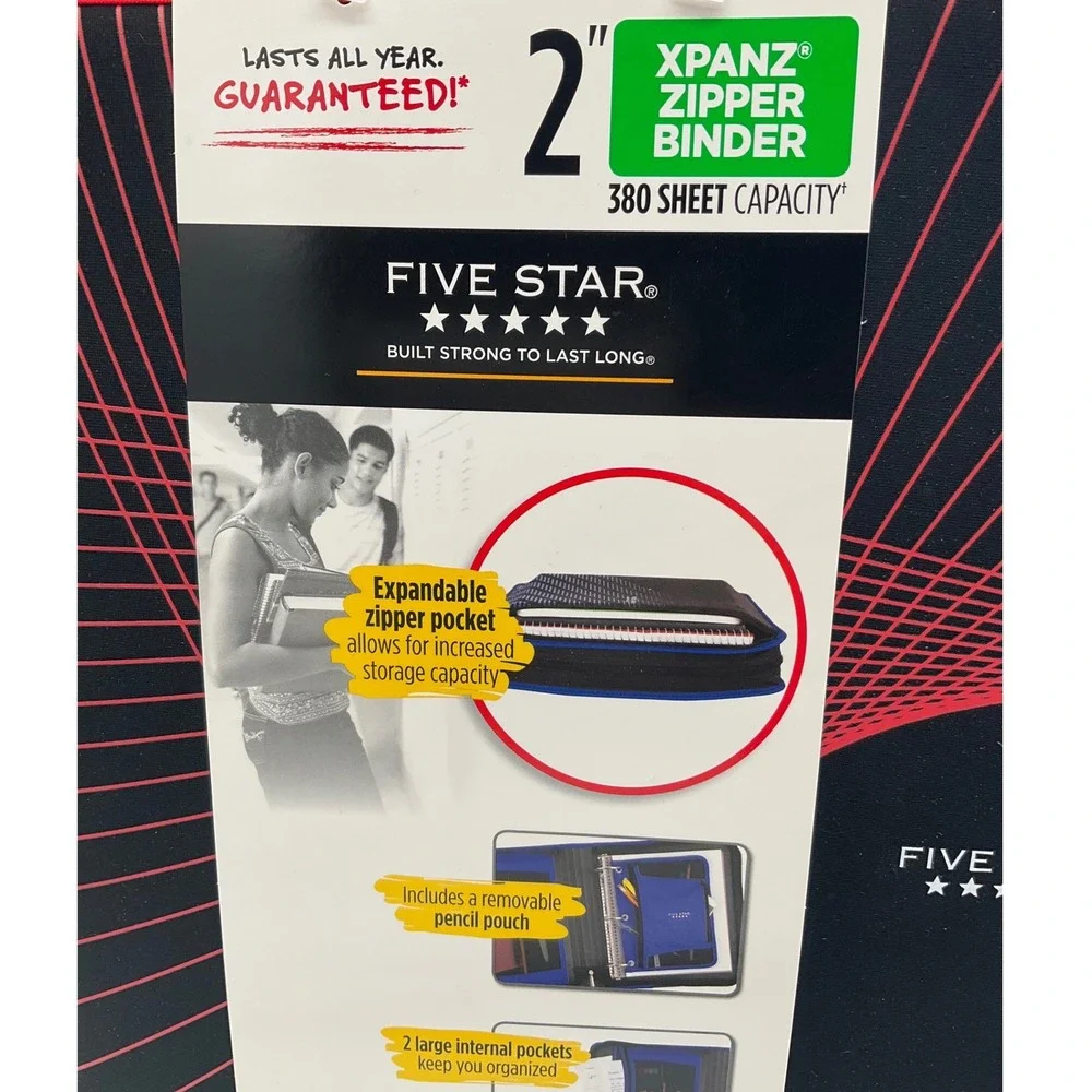 Five Star Xpanz 2 Inch Zipper Binder 380 Sheet Capacity Black Red New